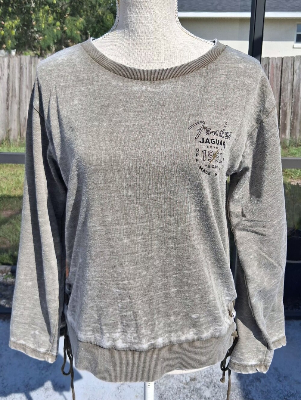 Lucky Brand Womens Fender Burnout Sweatshirt Lace Up Sides Size S Grayish Green